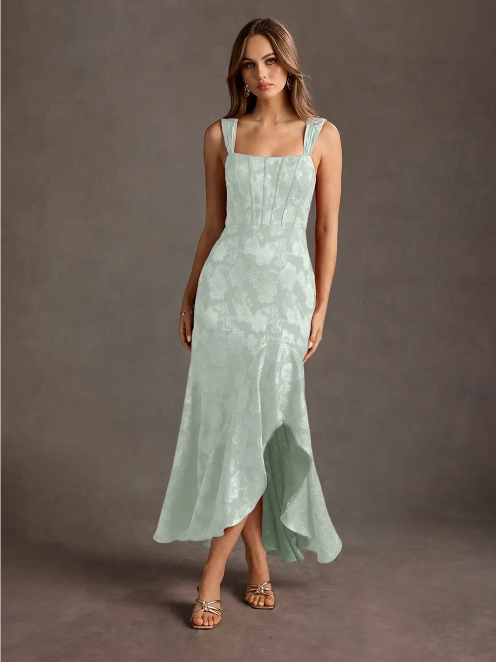 Elegant Mint Floral Jacquard Square Neck Dress